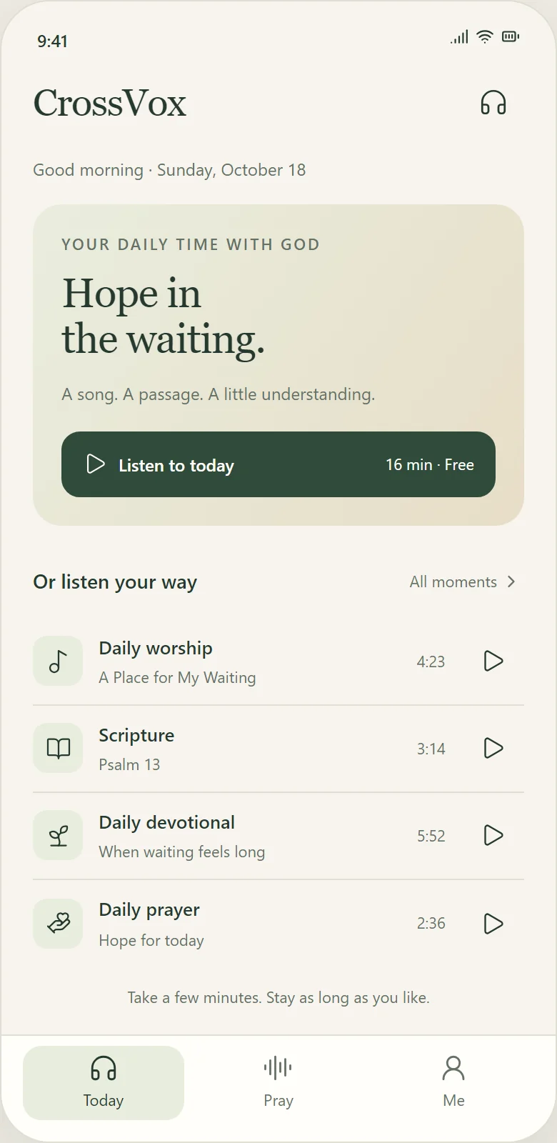 Approved upcoming App 1.1 Today interface design with worship, Scripture, devotional and prayer modules