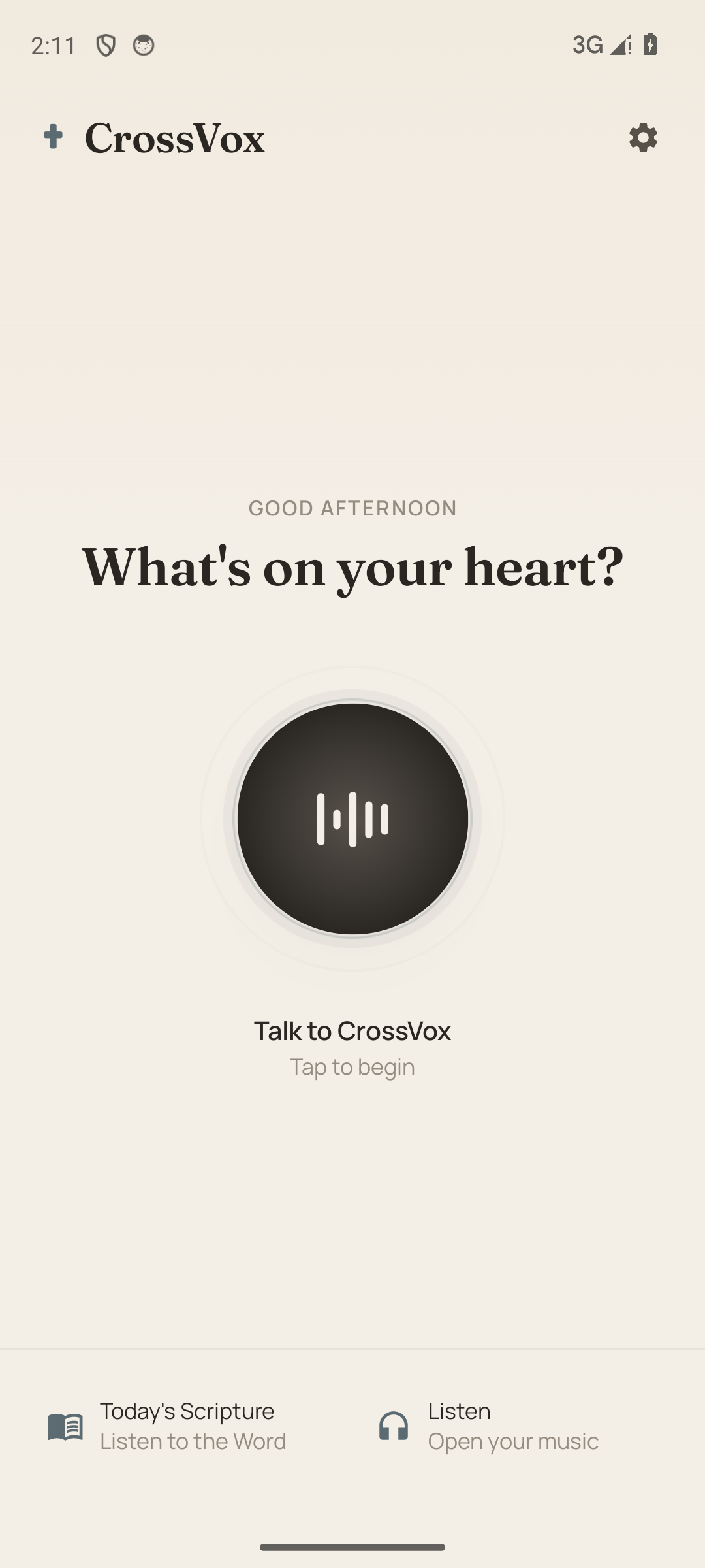 CrossVox app home screen showing its devotional interface
