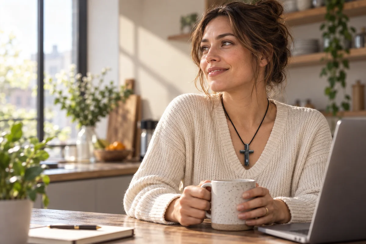 Woman wearing CrossVox as a necklace during a quiet morning at home