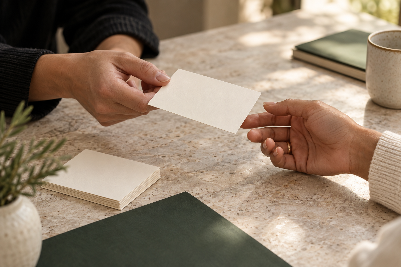 Conceptual editorial scene of two people exchanging a blank card in conversation