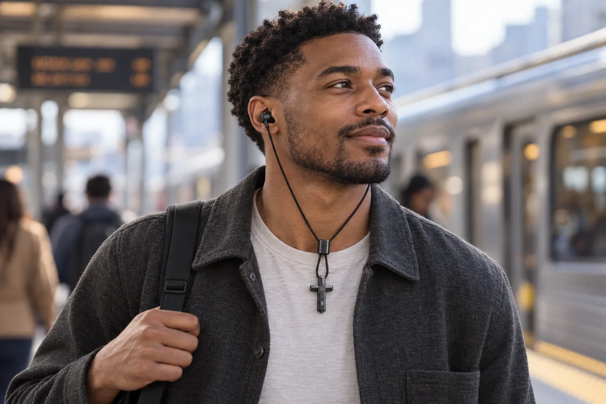 Man wearing CrossVox earbuds with the slider forward in listening mode during his commute