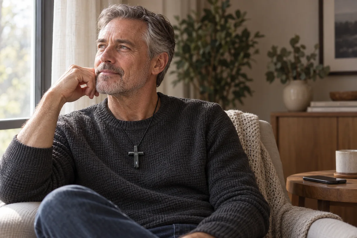 Older man wearing CrossVox during a private reflective moment at home