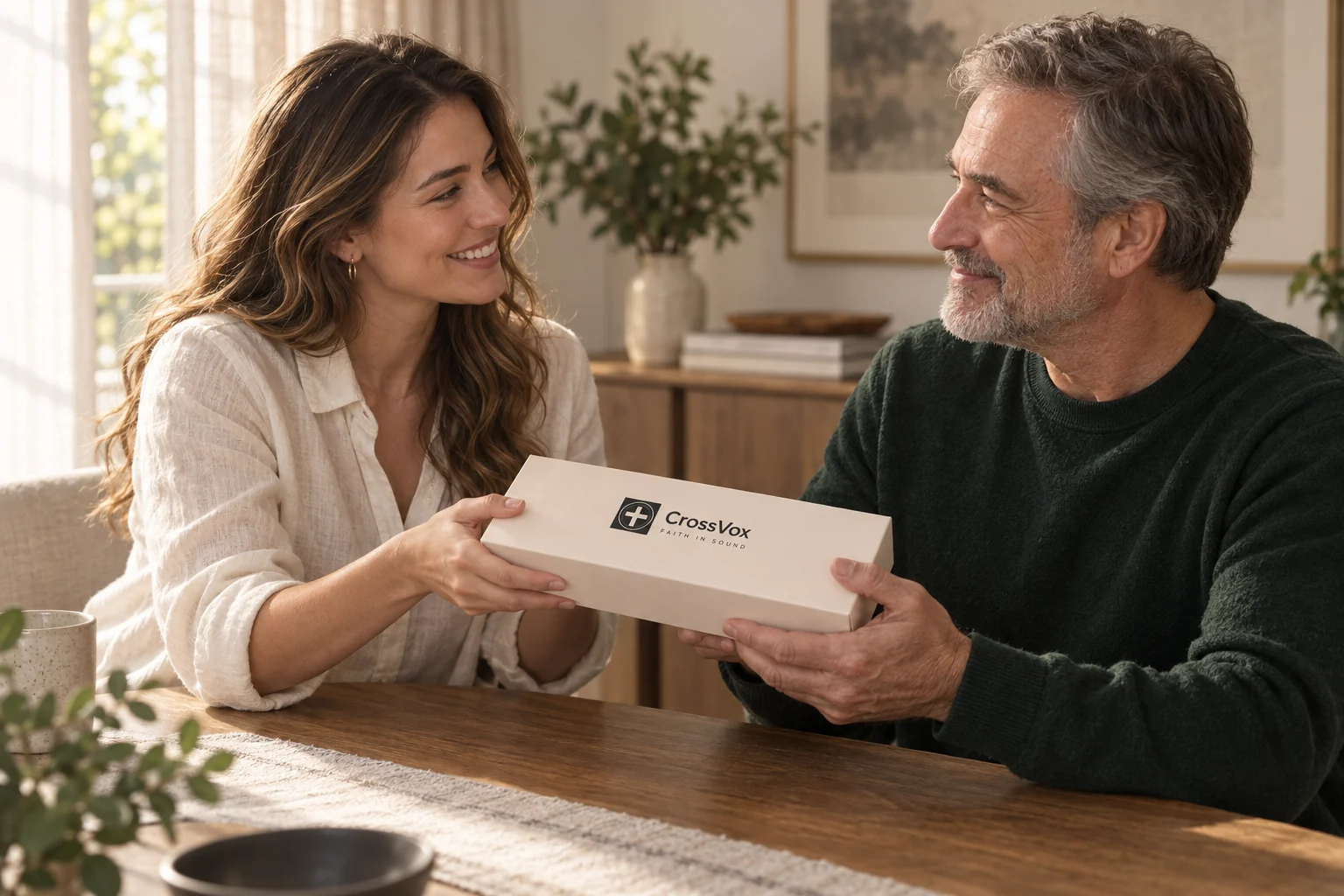 Illustrative pre-production scene of a CrossVox gift box being given