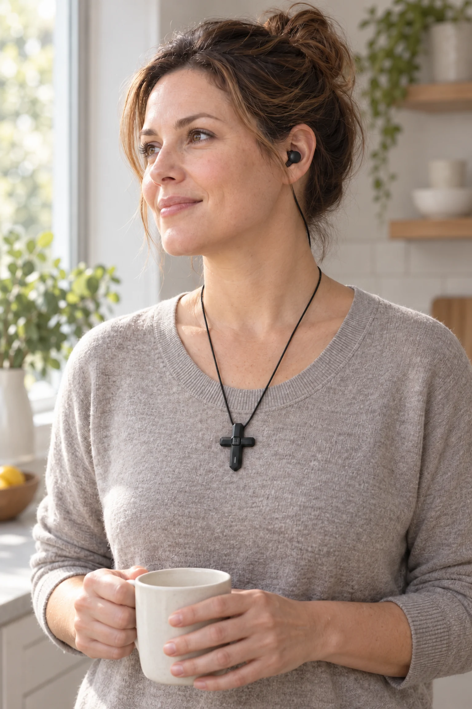 Pre-production visualization of wired earbuds in use while the cross stays at the chest