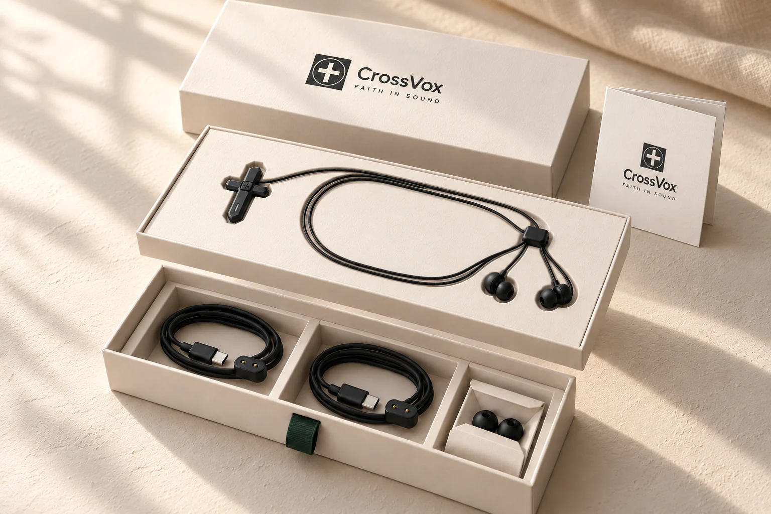 CrossVox V1, two charging cables and spare ear tips