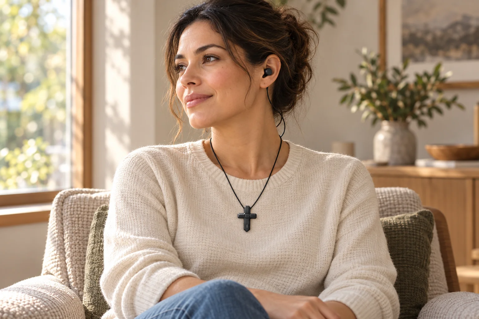 Listening at home with CrossVox V1 wired earbuds, pre-production visualization
